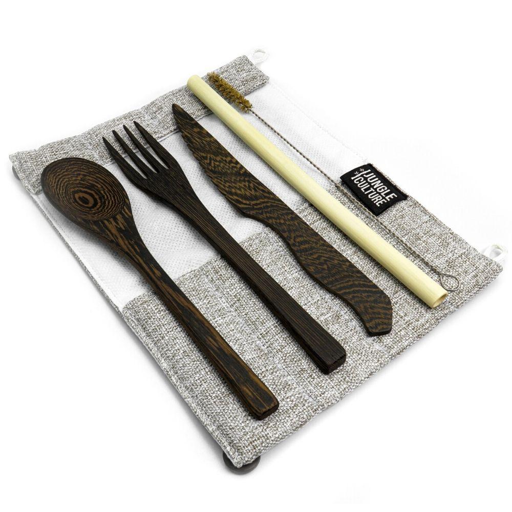 Dark Wood Reusable Cutlery Set with Organic Pouch