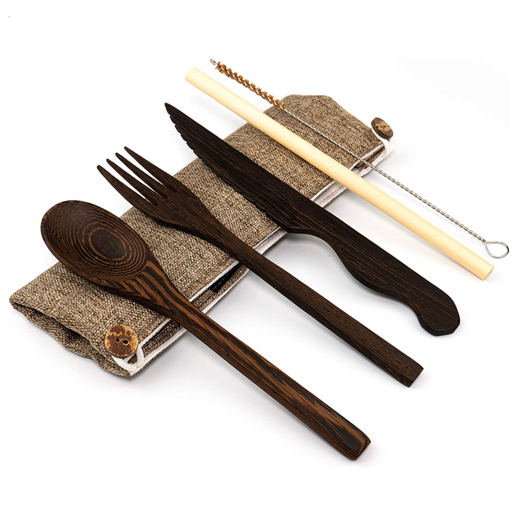 Dark Wood Reusable Cutlery Set with Organic Pouch