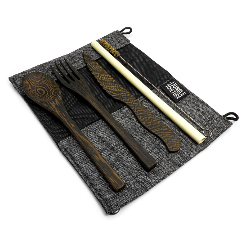 Dark Wood Reusable Cutlery Set with Organic Pouch