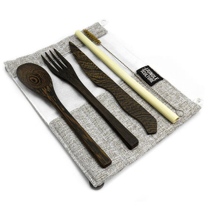 Dark Wood Reusable Cutlery Set with Organic Pouch