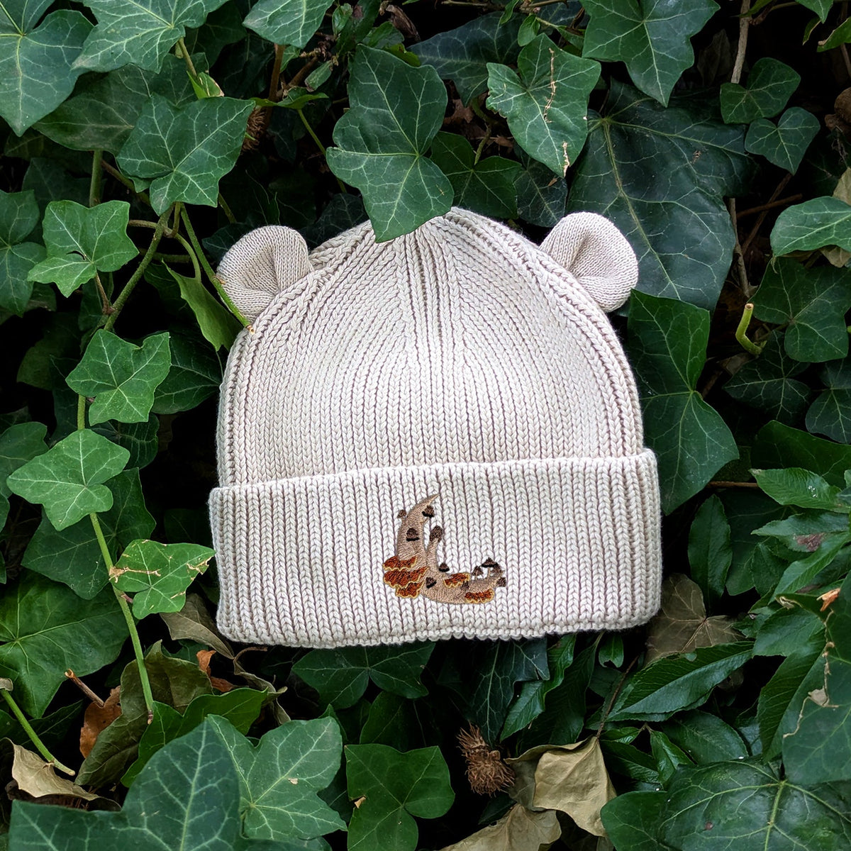 Mushroom Moon Crescent Embroidered Baby Bear Beanie (up to 2 years)
