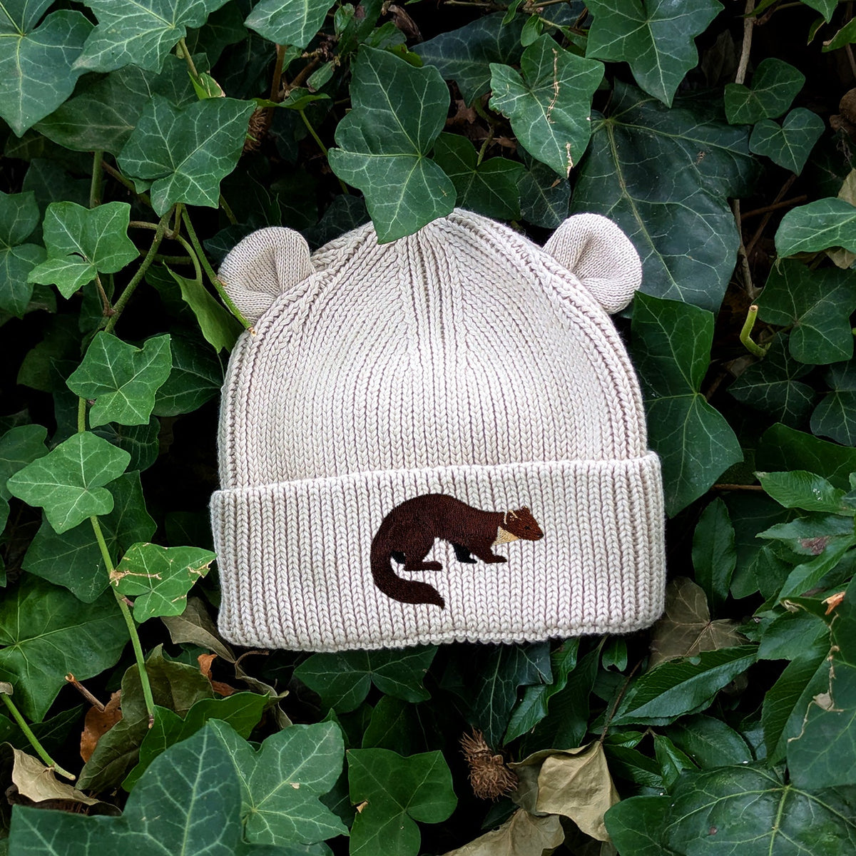 Pine Marten Embroidered Baby Bear Beanie (up to 2 years)