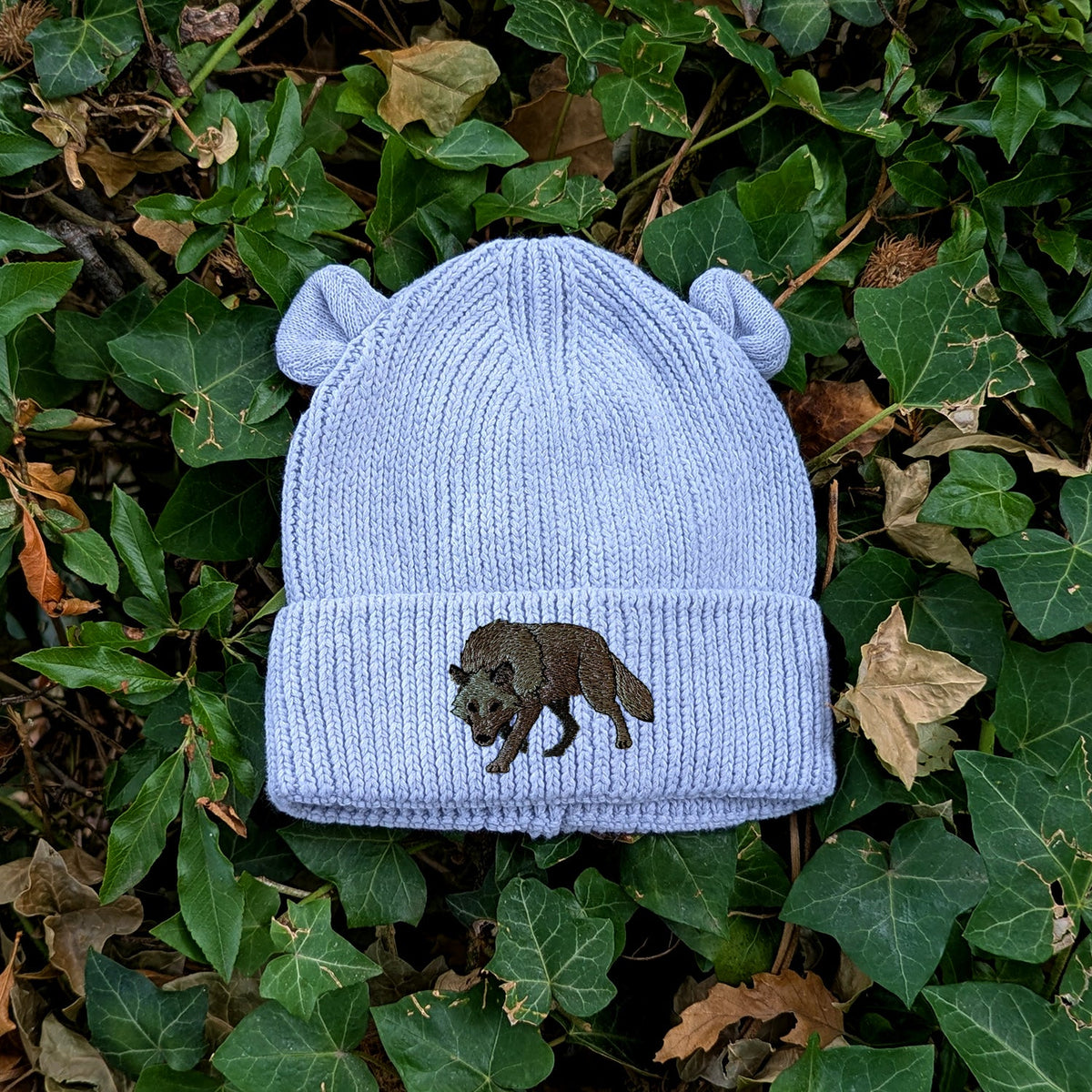 Grey Wolf Embroidered Baby Bear Beanie (up to 2 years)
