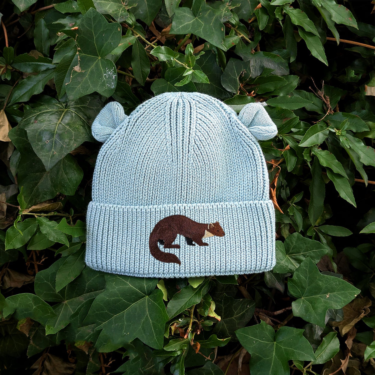 Pine Marten Embroidered Baby Bear Beanie (up to 2 years)