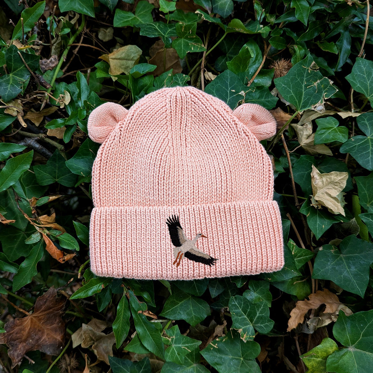 White Stork Flight Embroidered Baby Bear Beanie (up to 2 years)