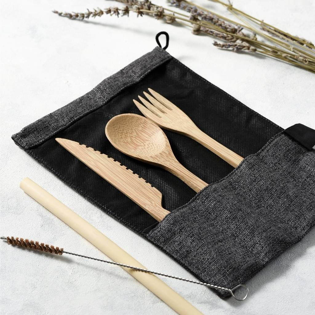 Bamboo Reusable Cutlery Set with Organic Pouch