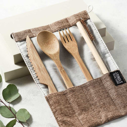 Bamboo Reusable Cutlery Set with Organic Pouch