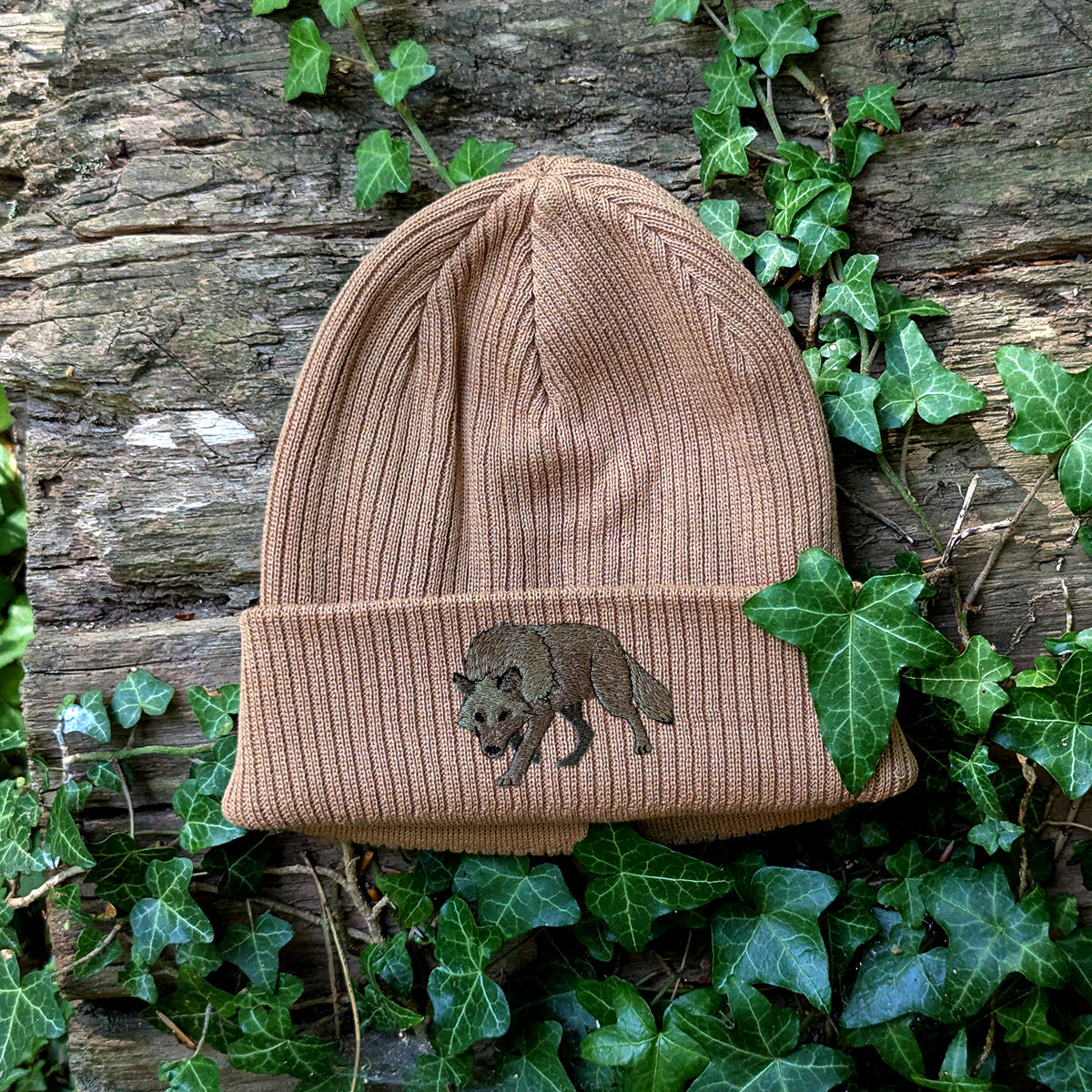 Grey Wolf Embroidered Beanie