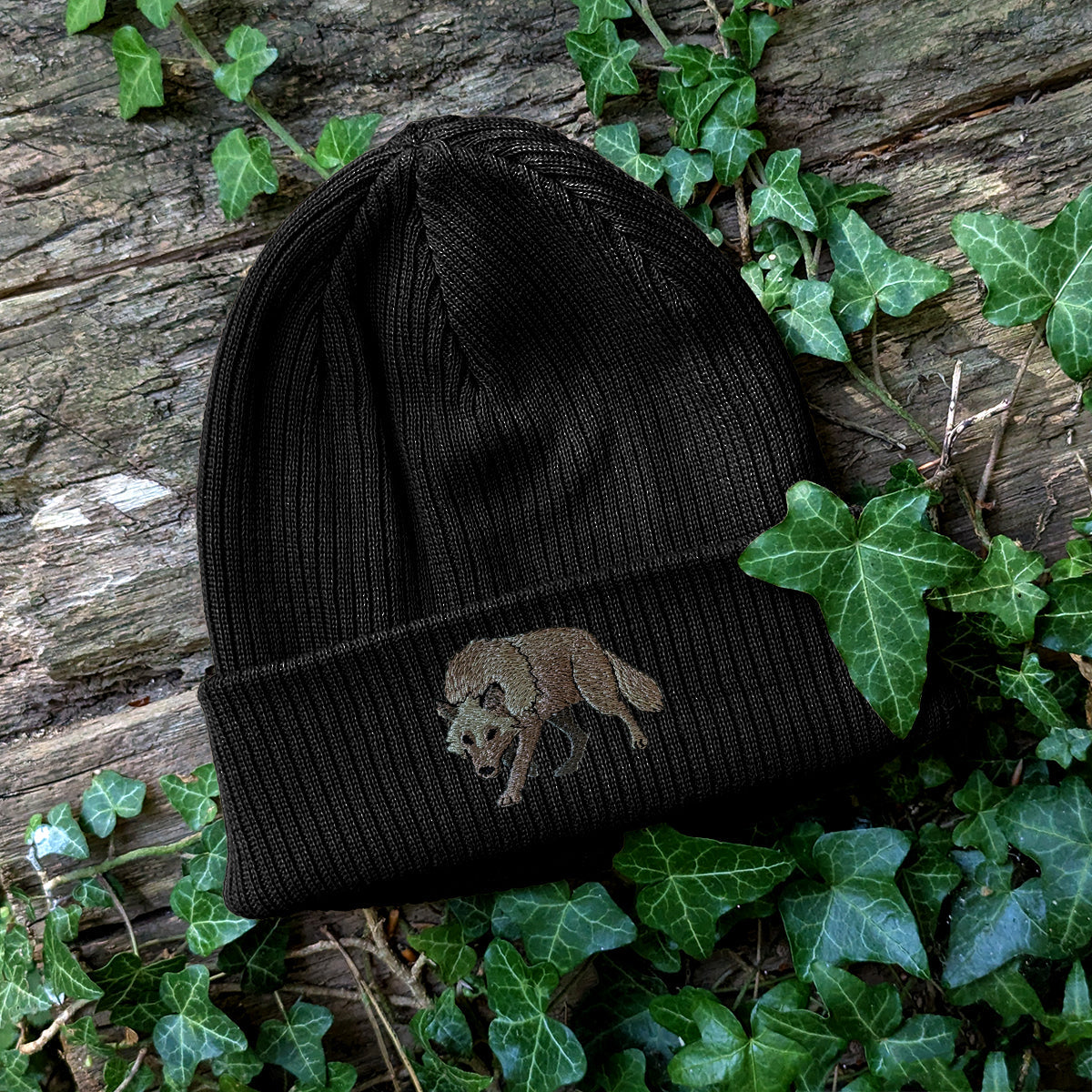Grey Wolf Embroidered Beanie