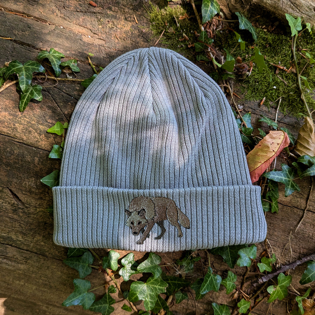 Grey Wolf Embroidered Beanie