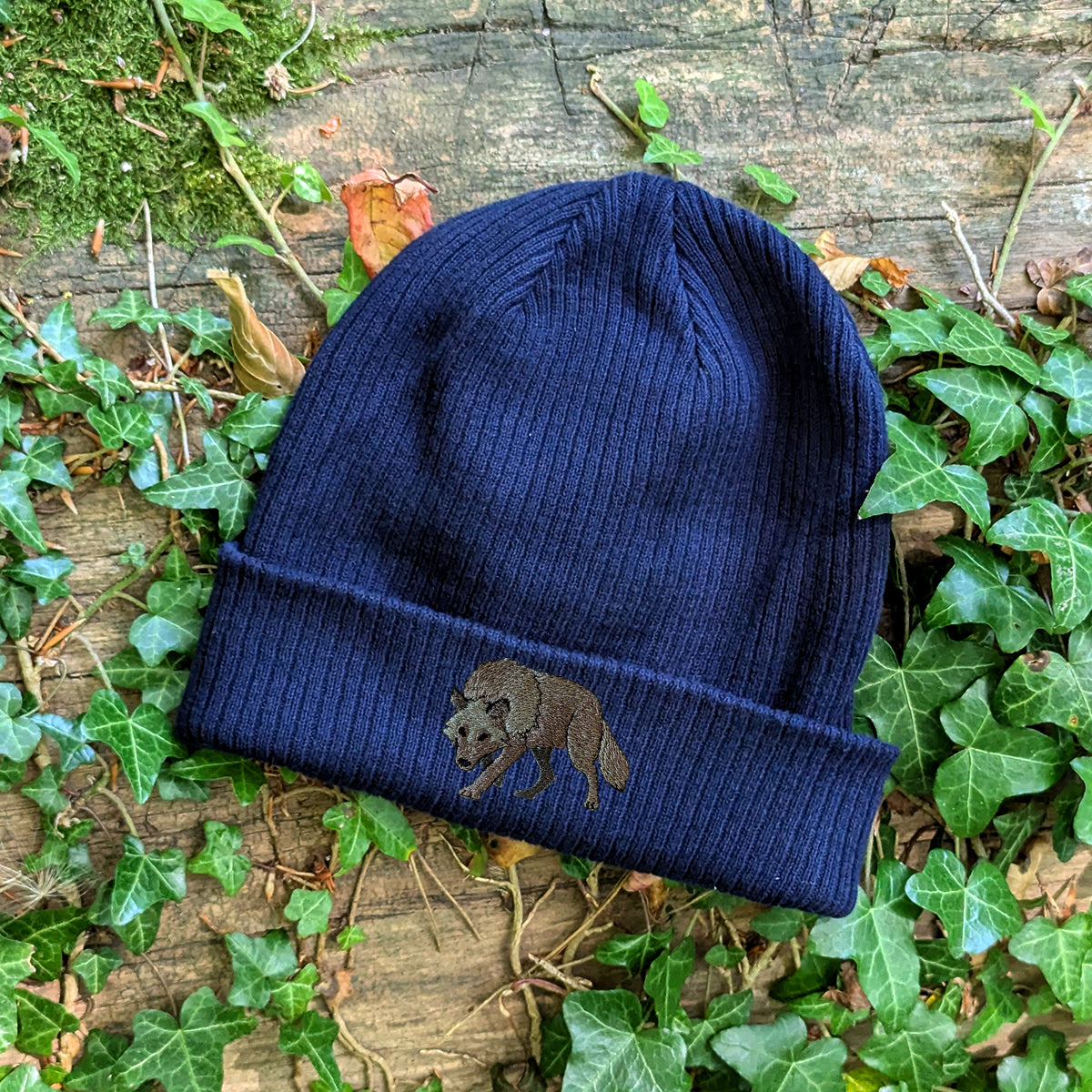 Grey Wolf Embroidered Beanie