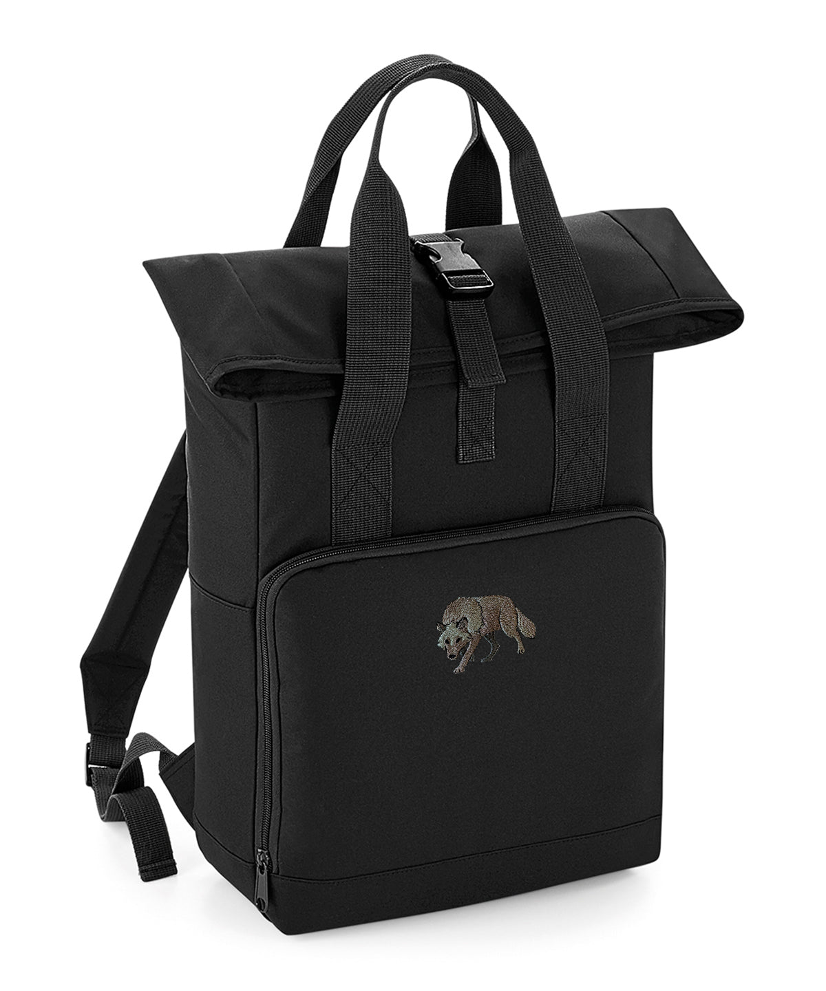 Grey Wolf Embroidered Recycled Roll-Top Backpack