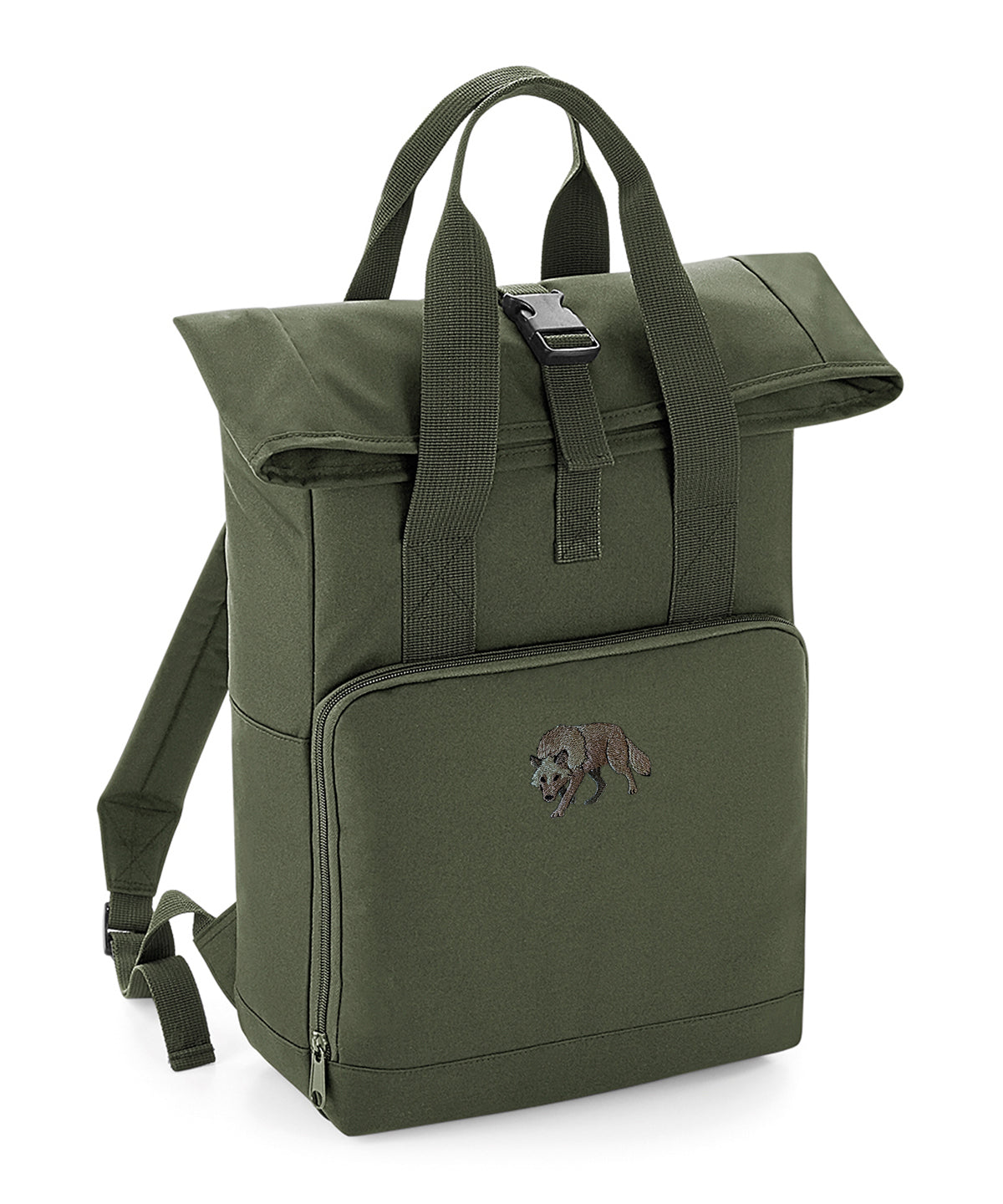 Grey Wolf Embroidered Recycled Roll-Top Backpack