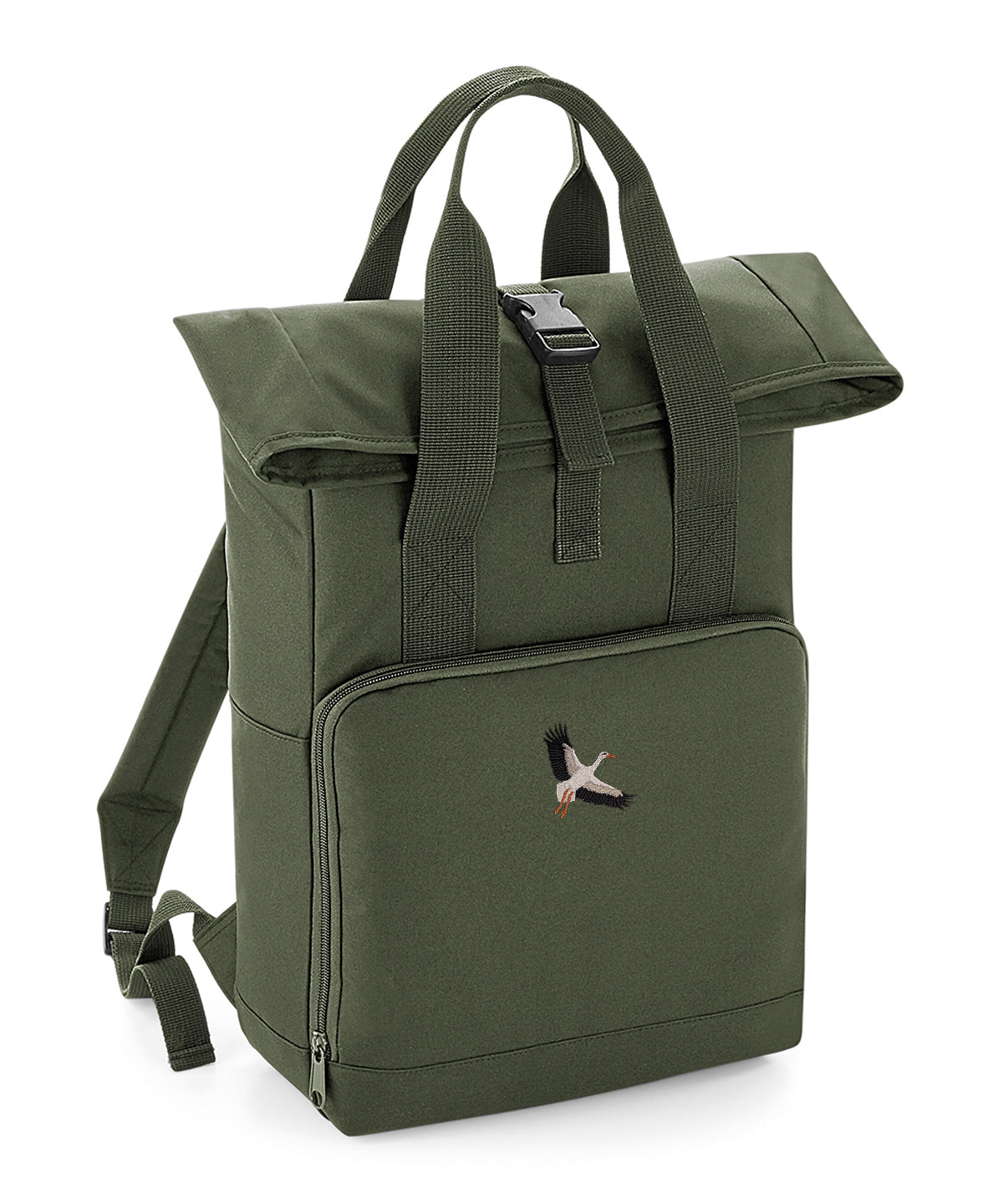White Stork Flight Embroidered Recycled Roll-Top Backpack