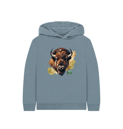 Stone Blue Bison with Wildflowers & Butterflies Kids Hoodie