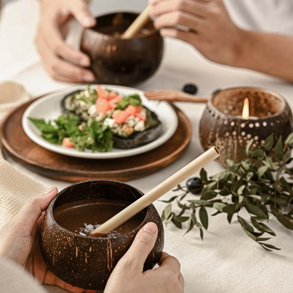 Handcrafted Coconut Cup Set with Bamboo Straws