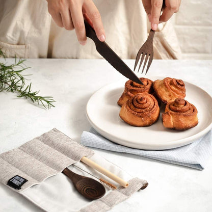 Dark Wood Reusable Cutlery Set with Organic Pouch