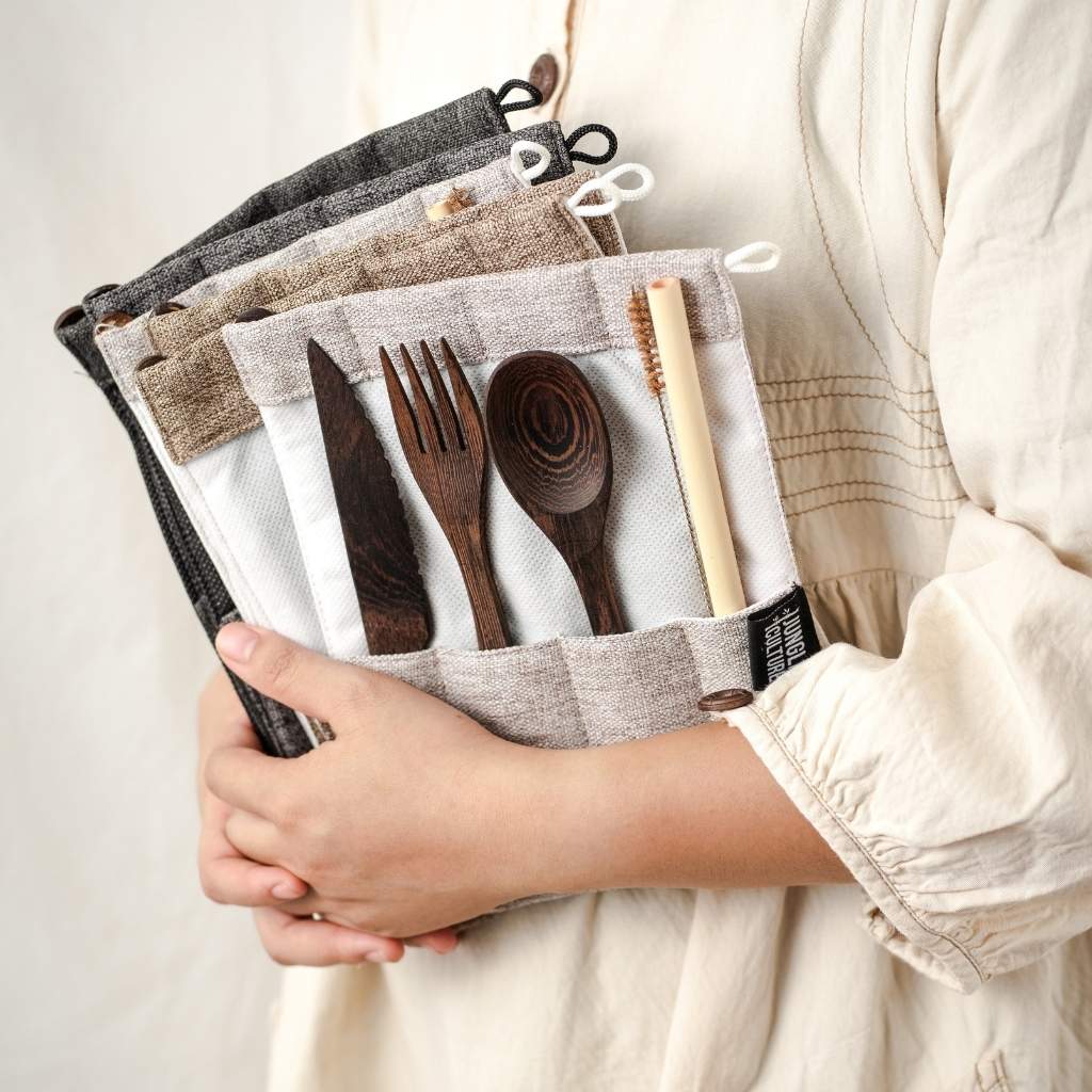 Dark Wood Reusable Cutlery Set with Organic Pouch