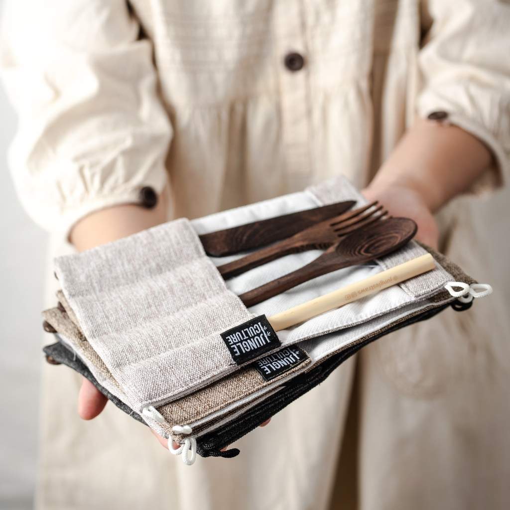 Dark Wood Reusable Cutlery Set with Organic Pouch