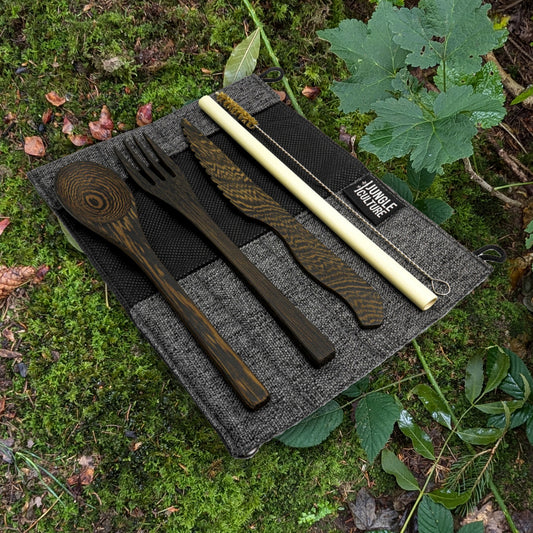 Dark Wood Reusable Cutlery Set with Organic Pouch