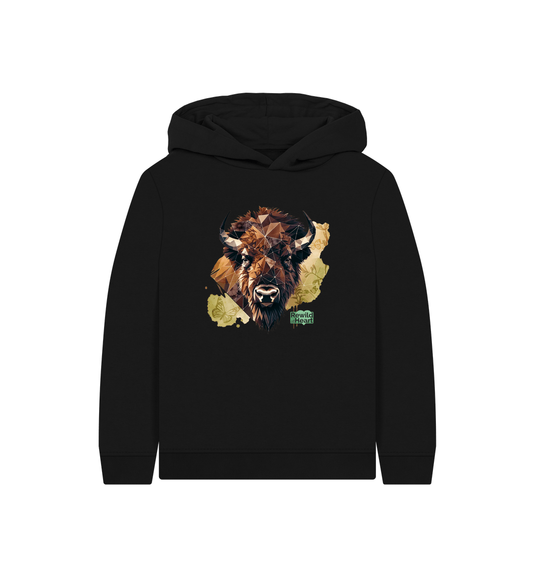 Black Bison with Wildflowers & Butterflies Kids Hoodie