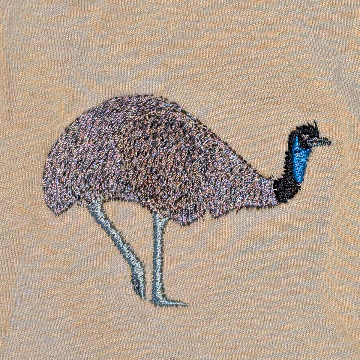 Closeup photo of the Emu embroidery design