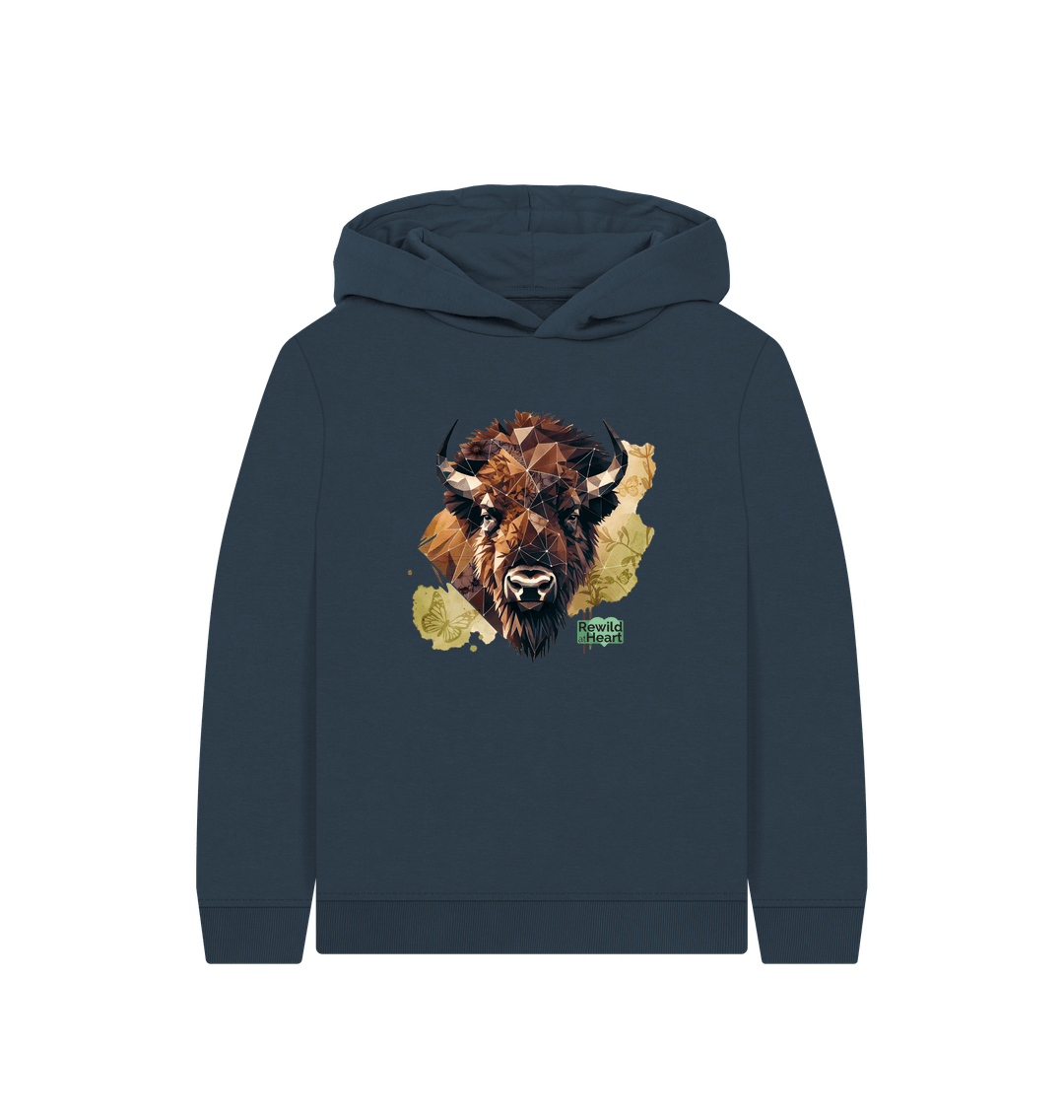 Navy Blue Bison with Wildflowers & Butterflies Kids Hoodie