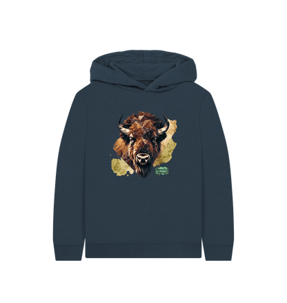 Navy Blue Bison with Wildflowers & Butterflies Kids Hoodie