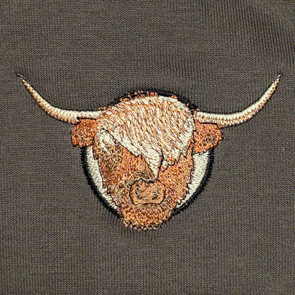 Closeup photo of the Highland Cow embroidery design