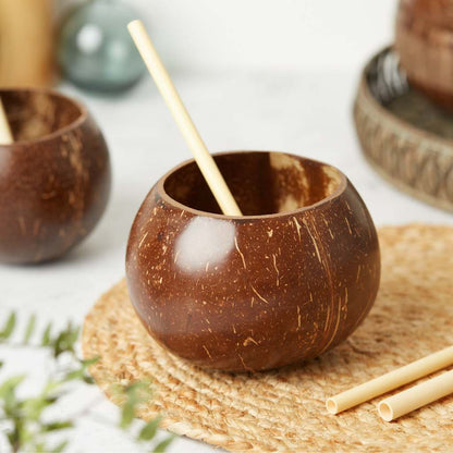 Handcrafted Coconut Cup Set with Bamboo Straws