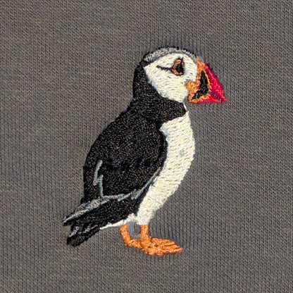 Closeup photo of the Puffin embroidery design