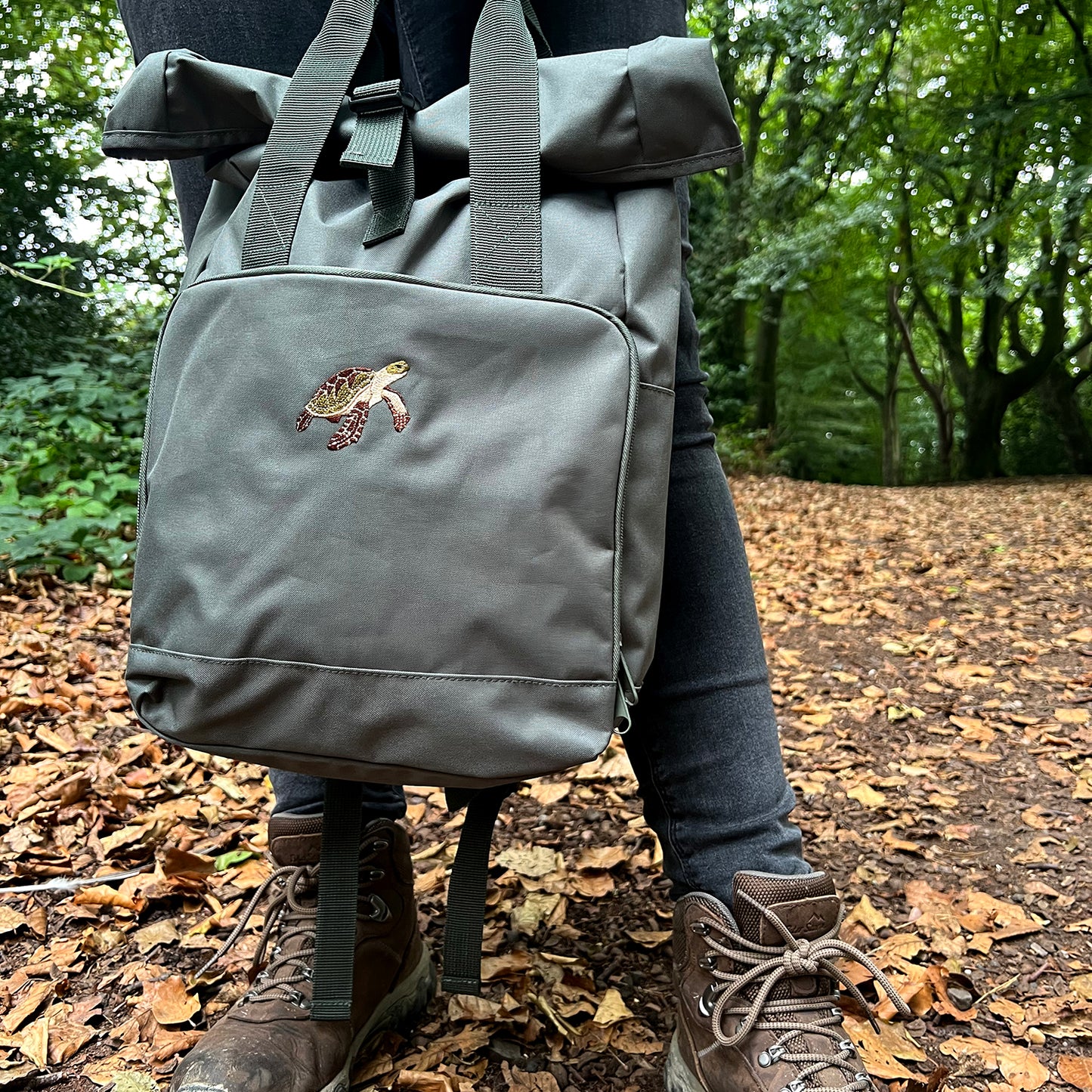Turtle Embroidered Recycled Roll-Top Backpack