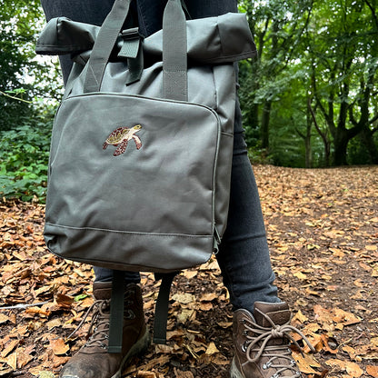Turtle Embroidered Recycled Roll-Top Backpack