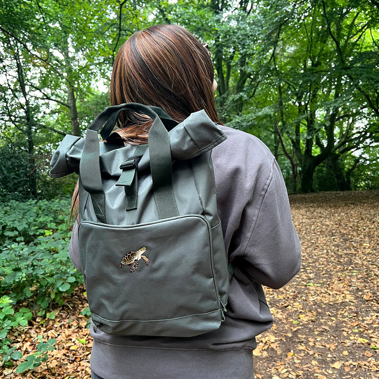 Sea Turtle Embroidered Recycled Roll-Top Backpack